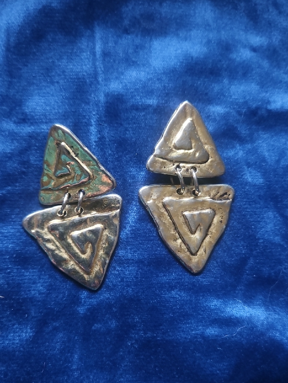 Handcrafted Vintage Pewter Gold Color J.J. BRUTALIST Clip On Aztec Dangles